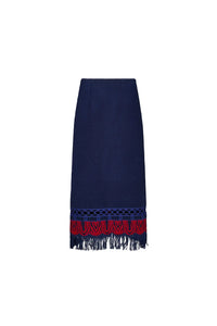 The Rivington Skirt is a midi in embroidered fringe wool, a clean finished waist and back zipper