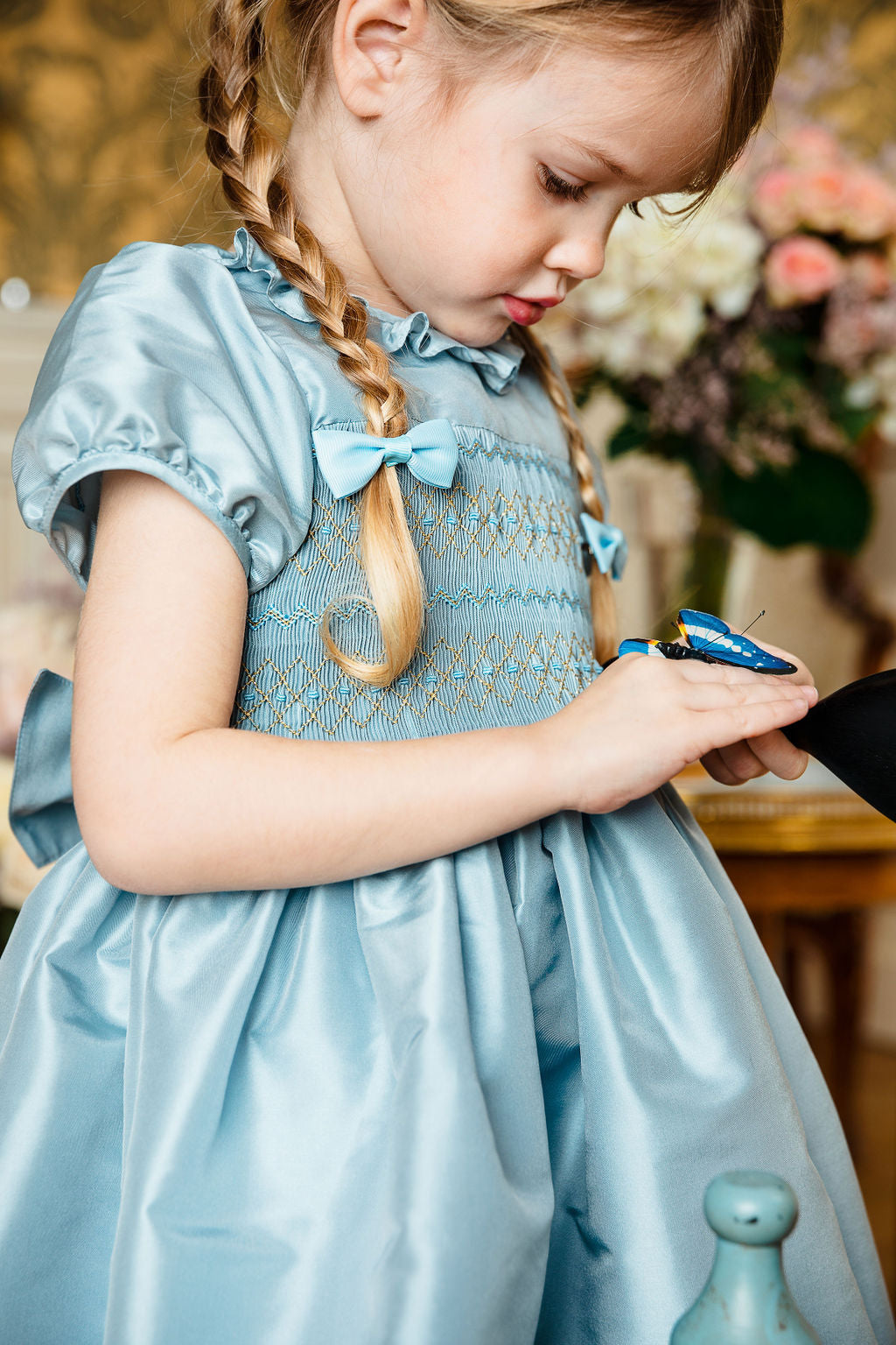 Astrid Blue Silk Smocked Girl Dress 10Y Astrid Blue Silk Smocked Girl Dress 10Y