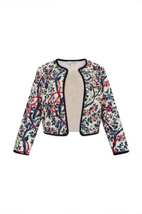 The Atwood Jacket is a quilted jacket with a crew neckline, long sleeves, and velvet ribbon trim.