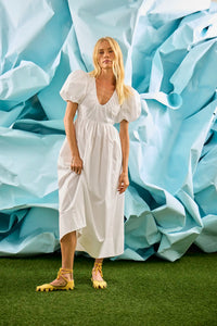 The Augusta Dress, white cotton dress with ruched V neckline.