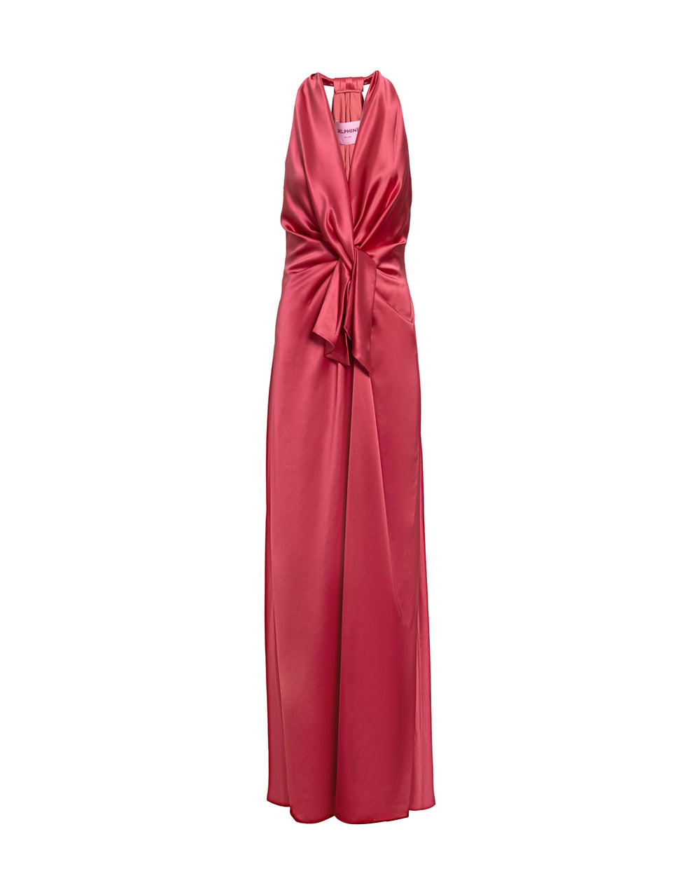 Front view of Ava gown in coral showcasing plunging halter neckline, sculptural waist drape, floor-length satin