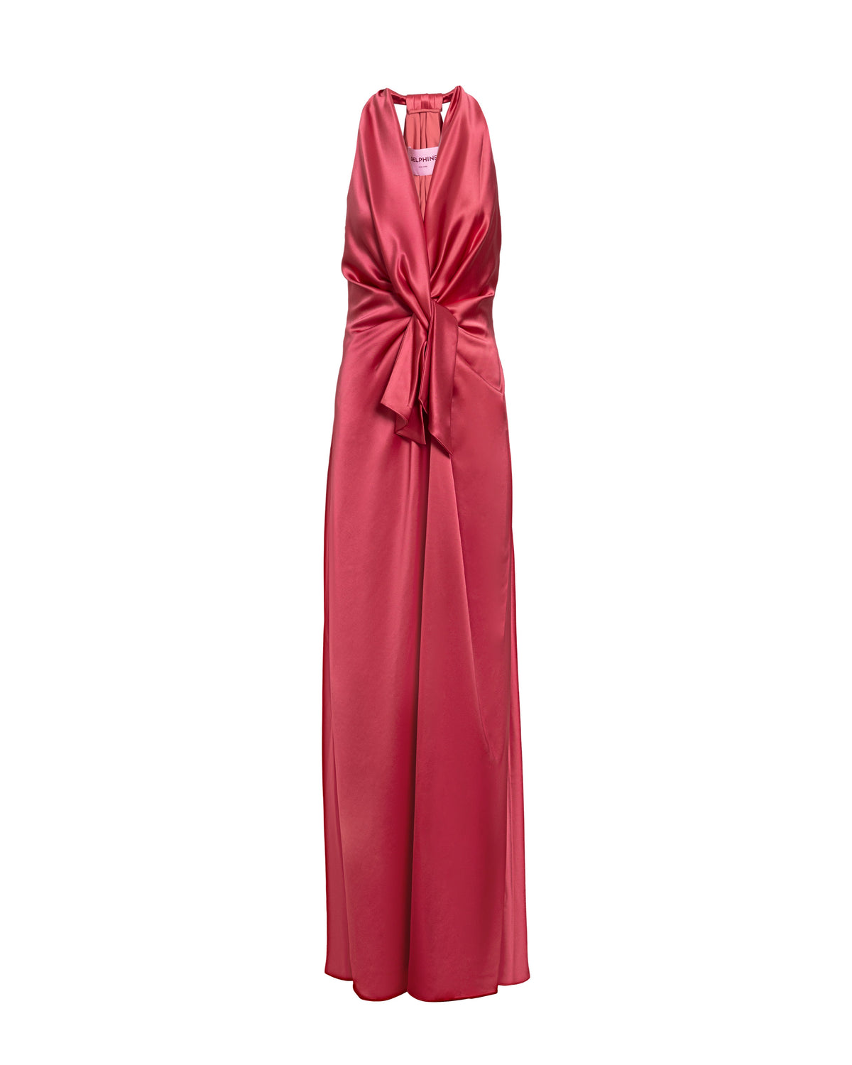 Front view of Ava gown in coral showcasing plunging halter neckline, sculptural waist drape, floor-length satin