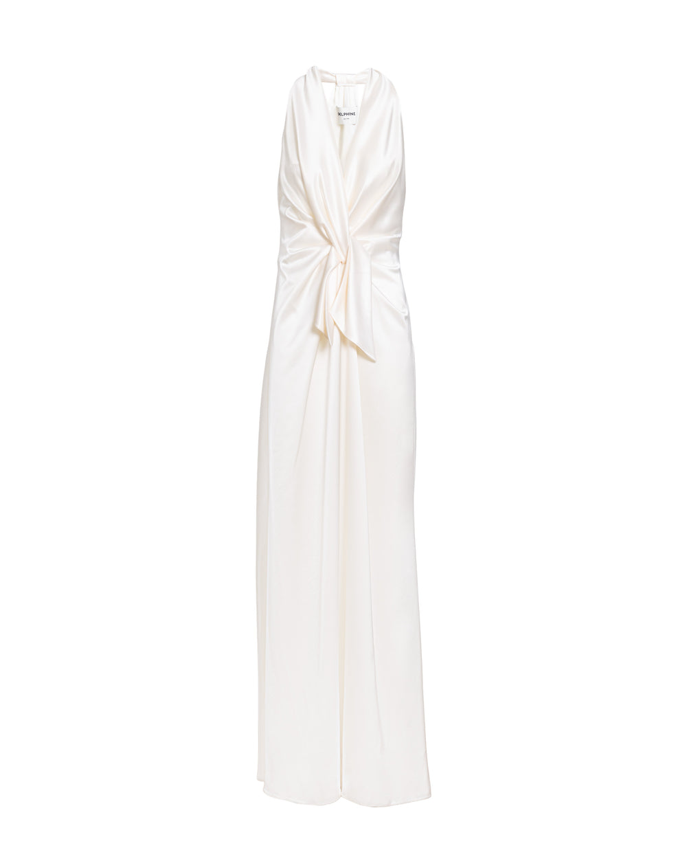 Front view of Ava gown in milk showcasing plunging neckline and sculptural waist twist on white background