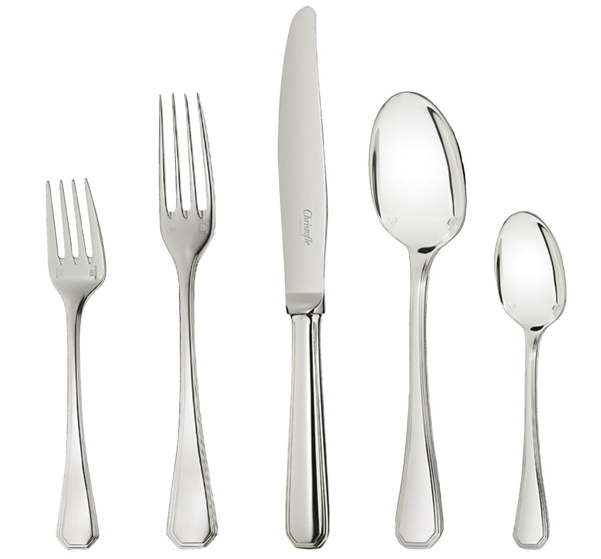 Front view of America 5-piece silver plated place setting: knife, forks, soup spoon, teaspoon on white