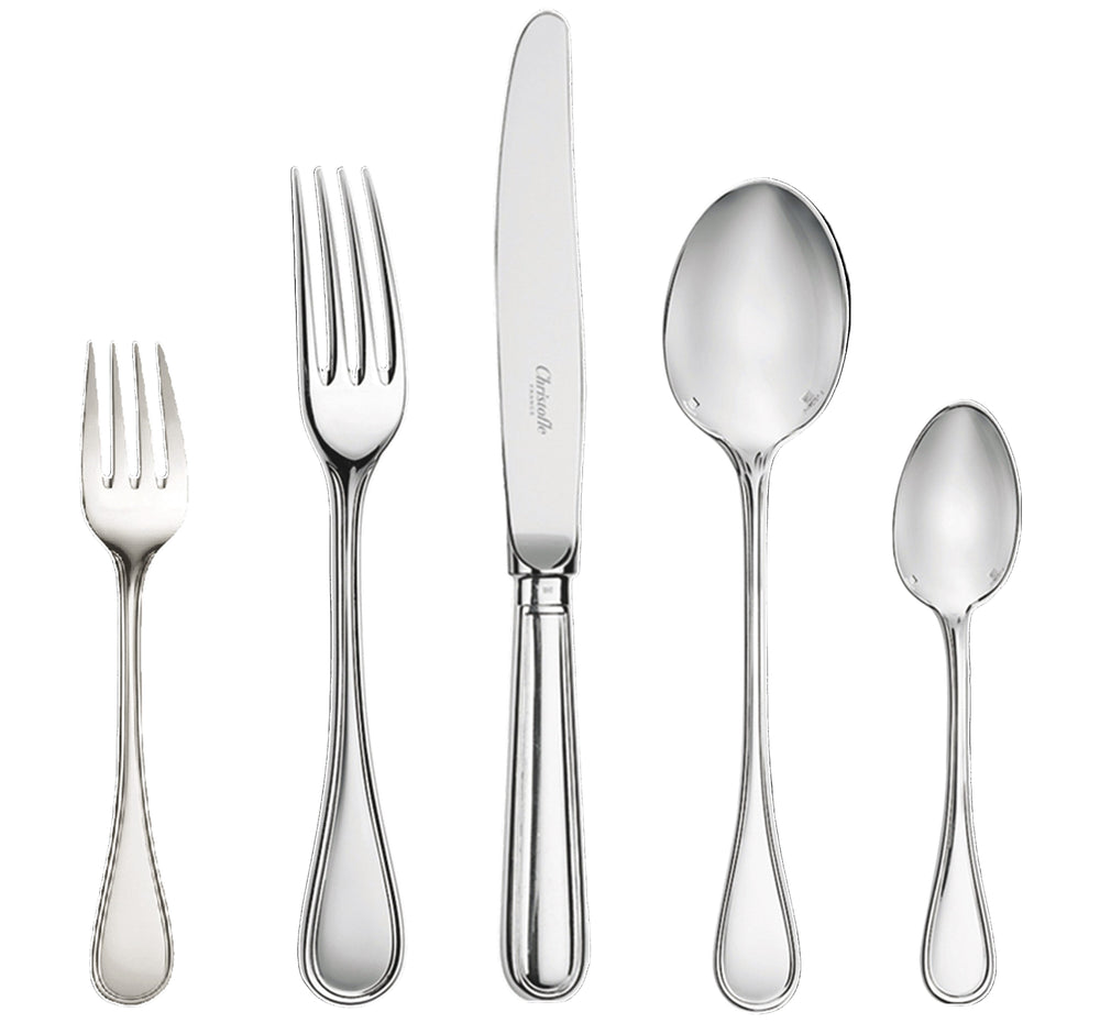 Front view of Albi silver-plated 5-piece place setting showcasing knife, forks, and spoons on white background