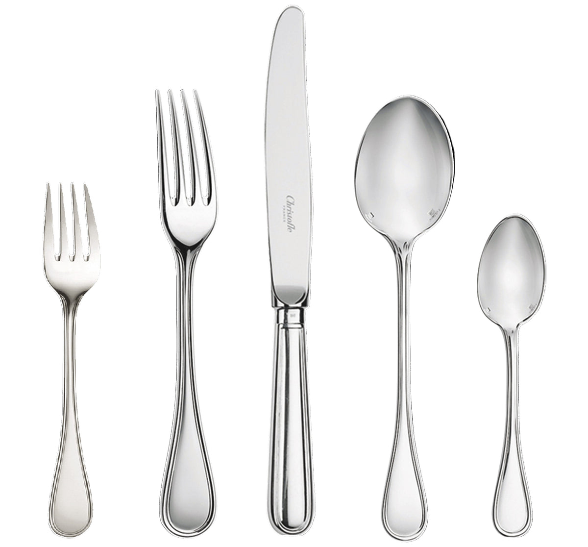 Front view of Albi silver-plated 5-piece place setting showcasing knife, forks, and spoons on white background