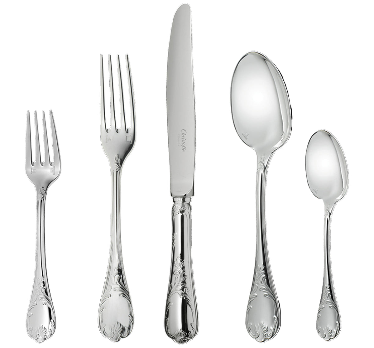 Front view of cutlery set showcasing forks, knives, and spoons on a white background