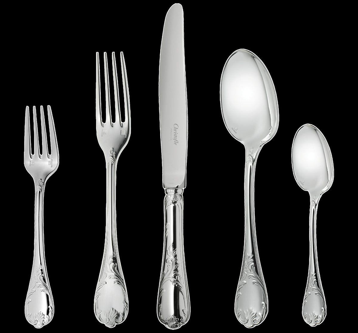 Front view of Marly Silverplated Individual Place Setting, Set of 5 showcasing Rocaille ornamentation on black background