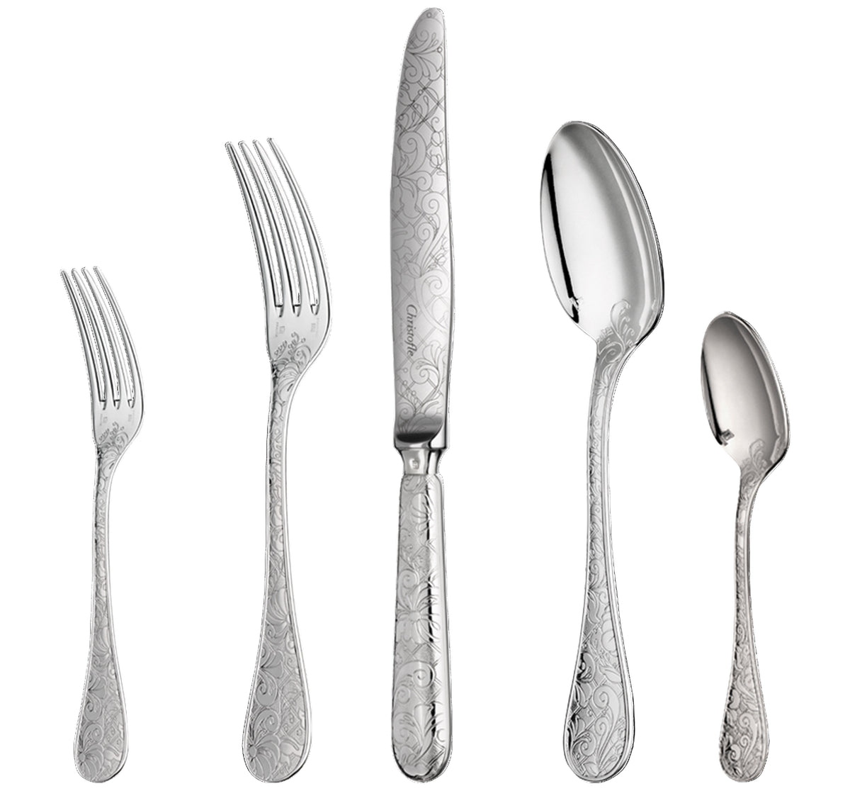 Front view of Jardin d’Eden silver-plated place setting showcasing five floral-engraved utensils on white background