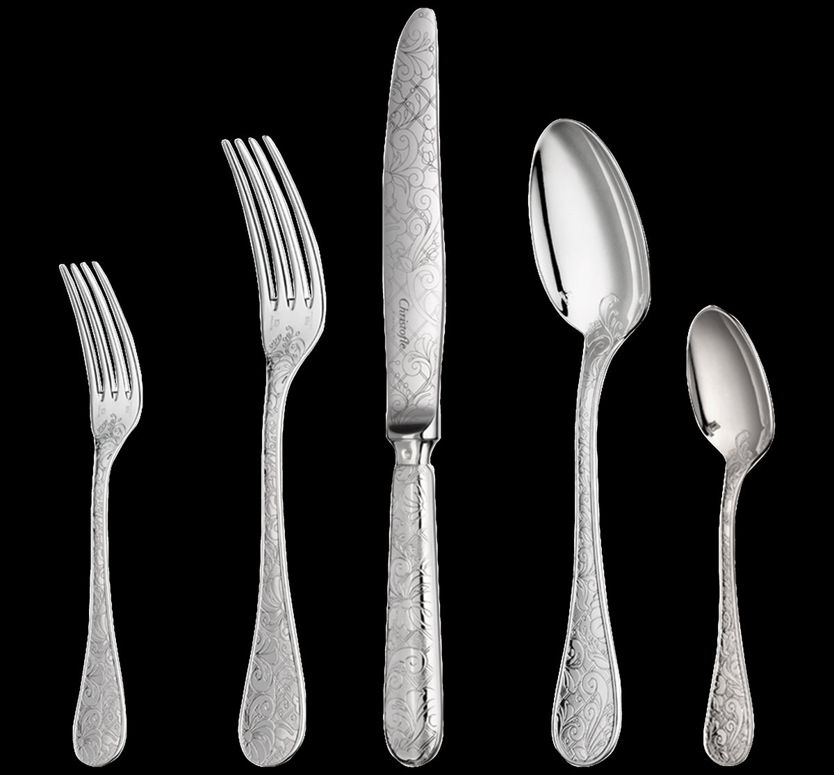 Front view of Jardin d’Eden silver-plated five-piece place setting showcasing floral engravings on black background