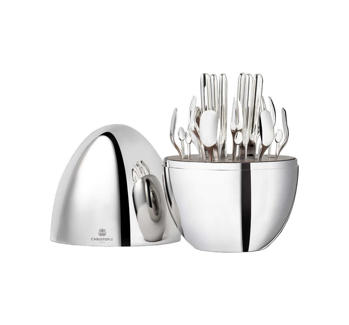 Front view of MOOD Party Silver-Plated Set, Set of 24 showcasing utensils in an egg-shaped capsule on white background