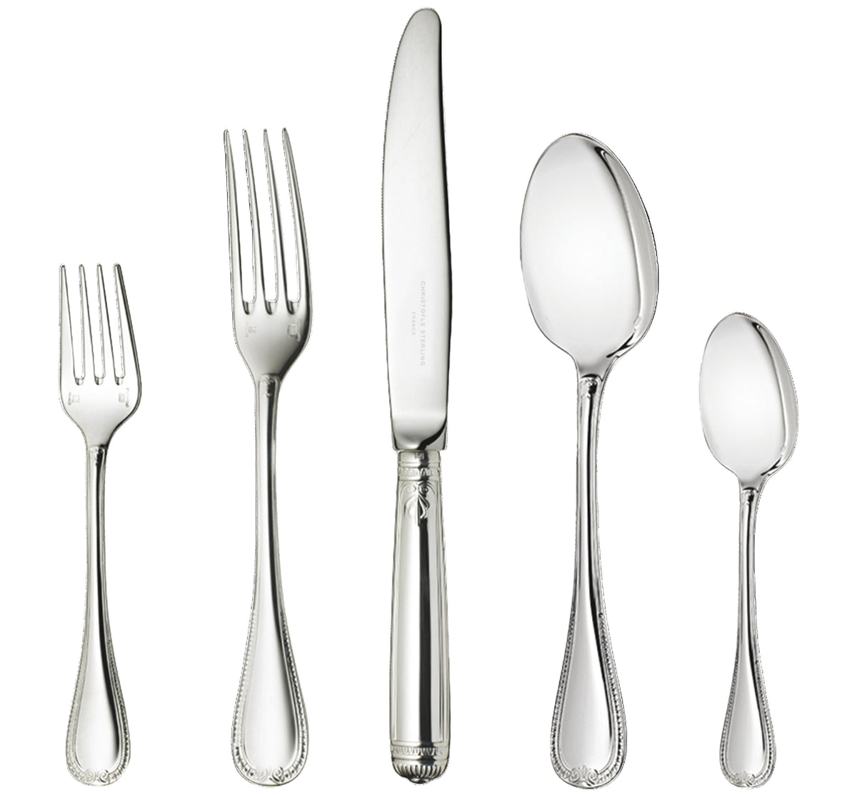 Front view of Malmaison sterling silver 5-piece place setting showing beaded edge and engraved handle details on white background