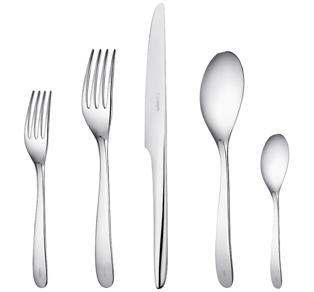 Top view of L’Ame de Christofle 5-piece stainless steel place setting: dessert fork, dinner fork, serrated knife, tablespoon, coffee spoon on white background