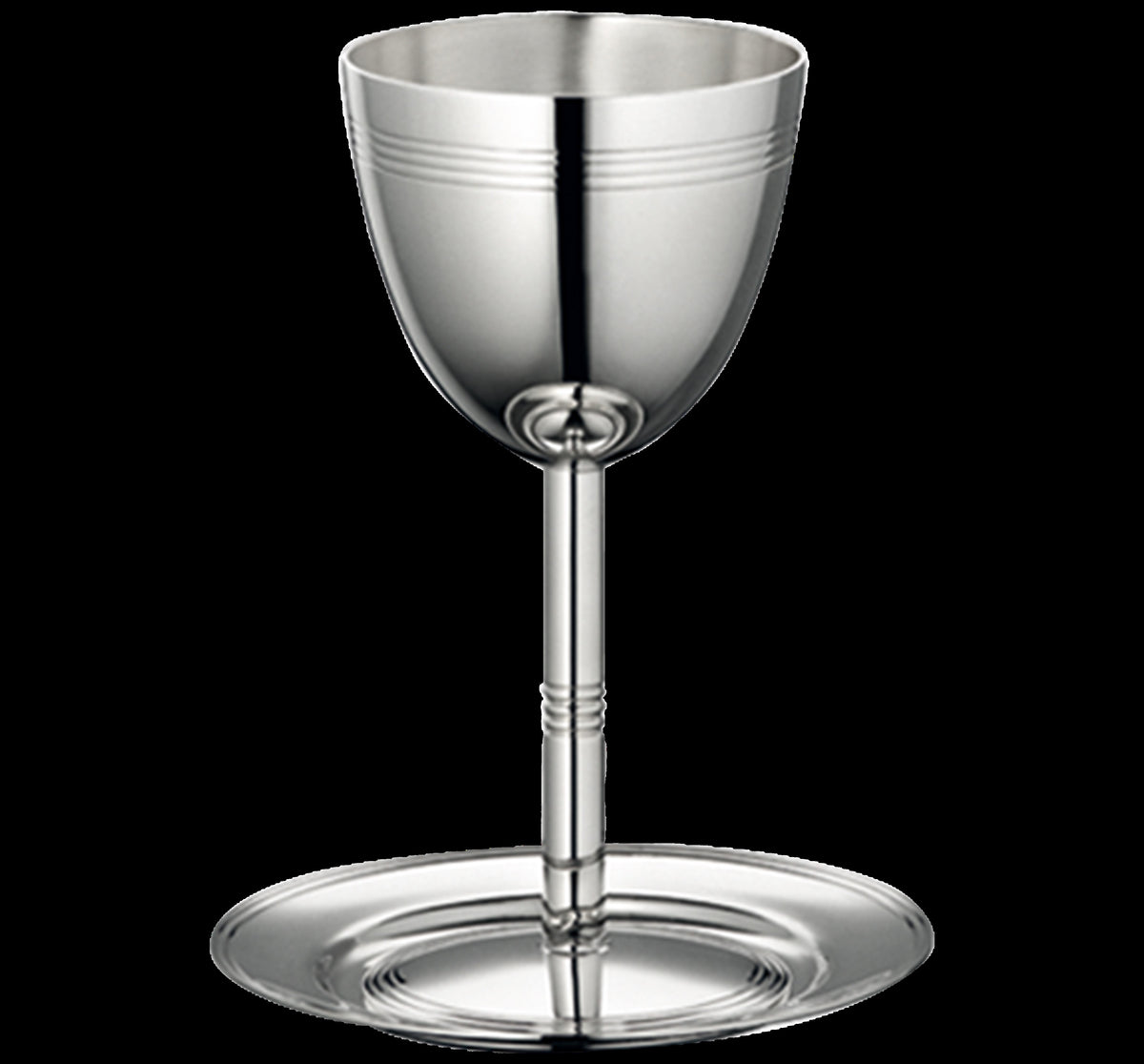 Front view of silver-plated Kiddush cup and saucer showcasing ridged detailing with a black background