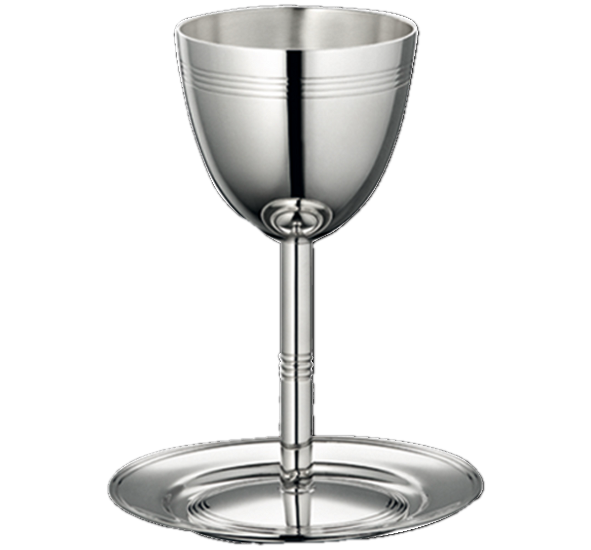Front view of silver-plated Kiddush cup and saucer showcasing ribbed detailing with a black background