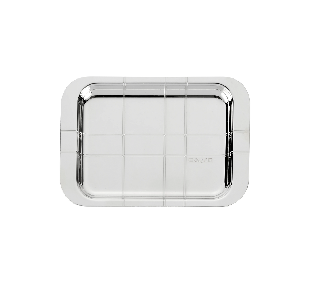 Top view of Graphik Silver-plated Card Tray showcasing graphic motif and mirror finish against a white background