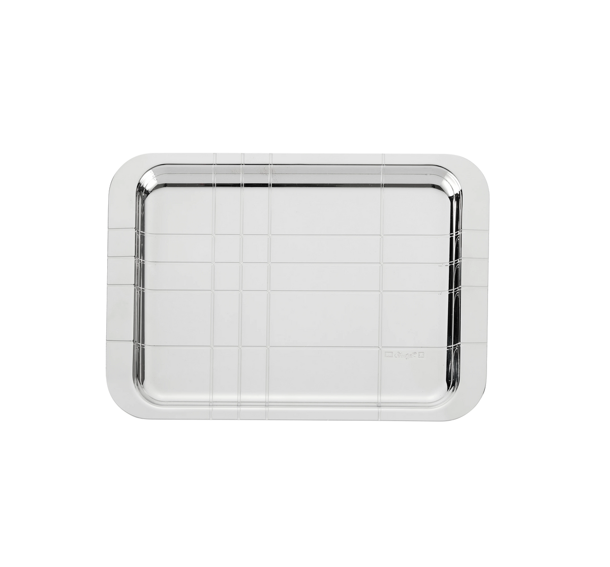 Top view of Graphik Silver-plated Medium Tray showcasing geometric border and clean lines on a white background