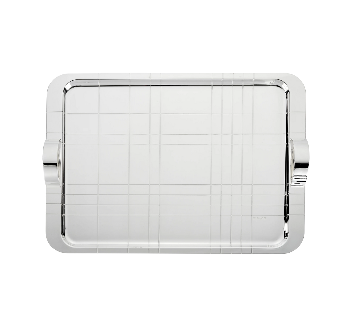 Top view of Graphik Silver-plated Large Tray with Handles showcasing rectangular design and two handles on a white background
