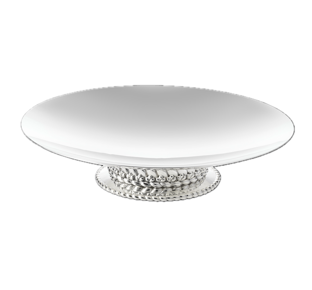 Angled view of Babylone Silver-plated Centerpiece Bowl showcasing polished surface and sculptural braided base with black background