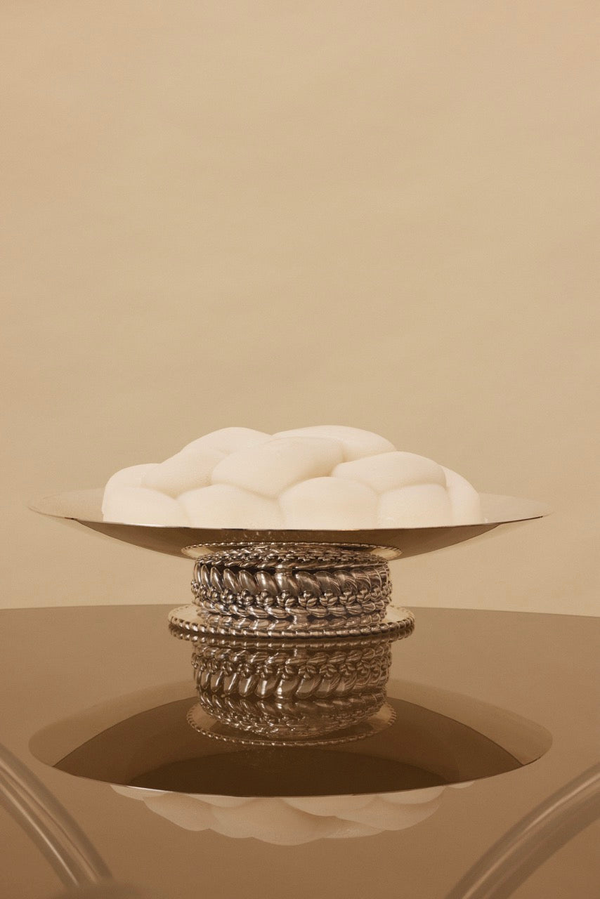 Front view of Babylone Silver-plated Centerpiece Bowl showcasing polished surface and braided base