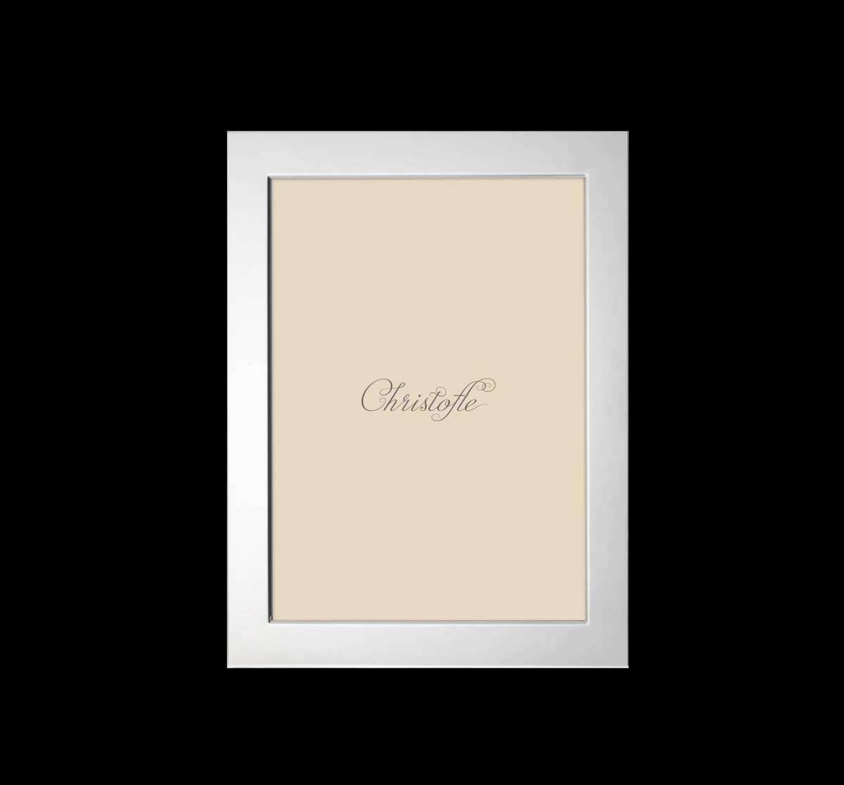 Front view of Fidelio silver-plated 7 x 9 frame with polished border and Christofle on beige mat against black background