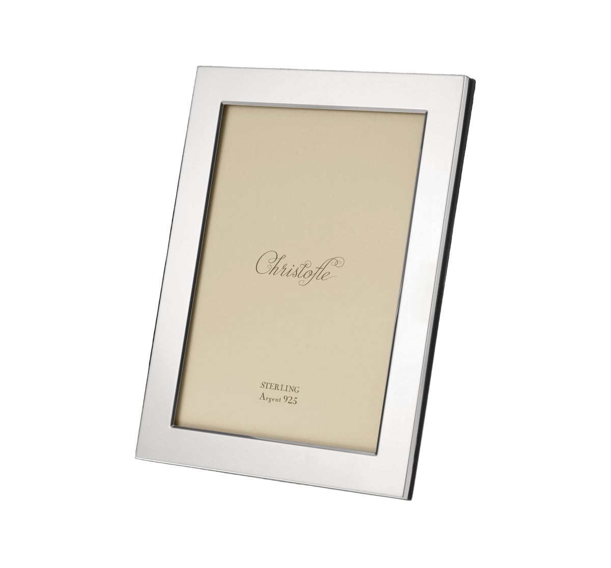 Angled view of Fidelio 5x7 sterling silver frame with polished border and beige insert reading Christofle