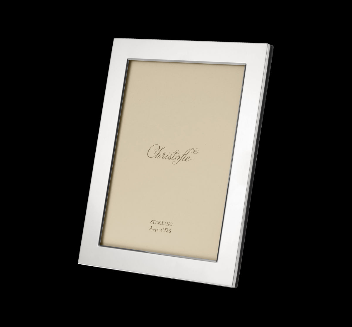 Angled front view of Fidelio sterling silver 5 x 7 picture frame showcasing polished mirror finish and narrow bezel on black background