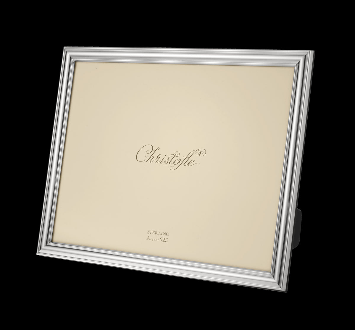 Angled front view of Albi sterling silver diploma frame showing polished beaded border and attached easel on black background