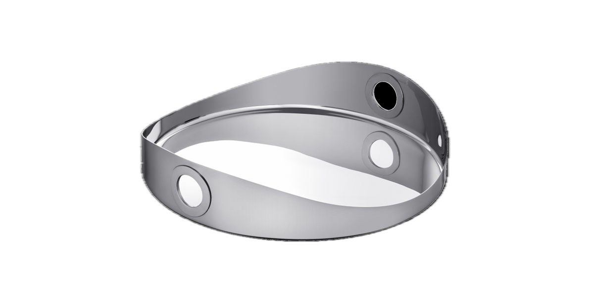 Angled view of Oh de Christofle Stainless Steel Round Tray showcasing flush holes as handles with black background