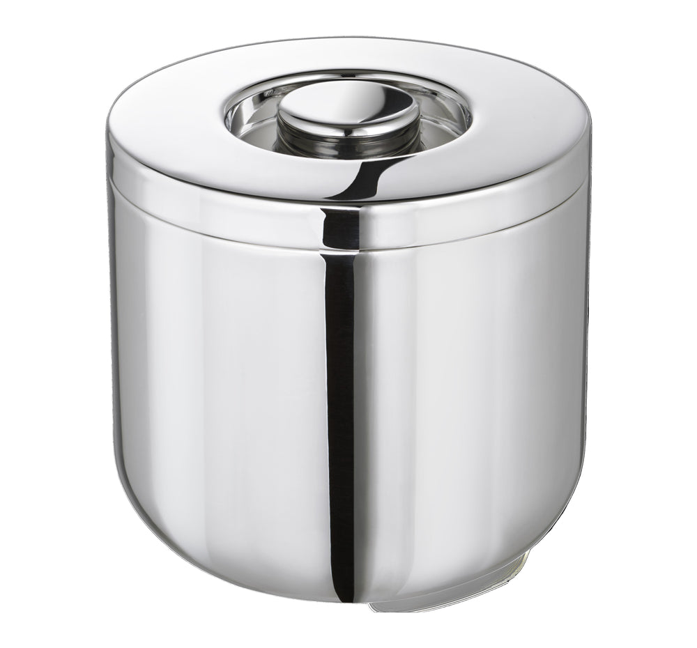 Front view of Oh de Christofle stainless steel insulated ice bucket showing polished double-wall body and sealed lid on white