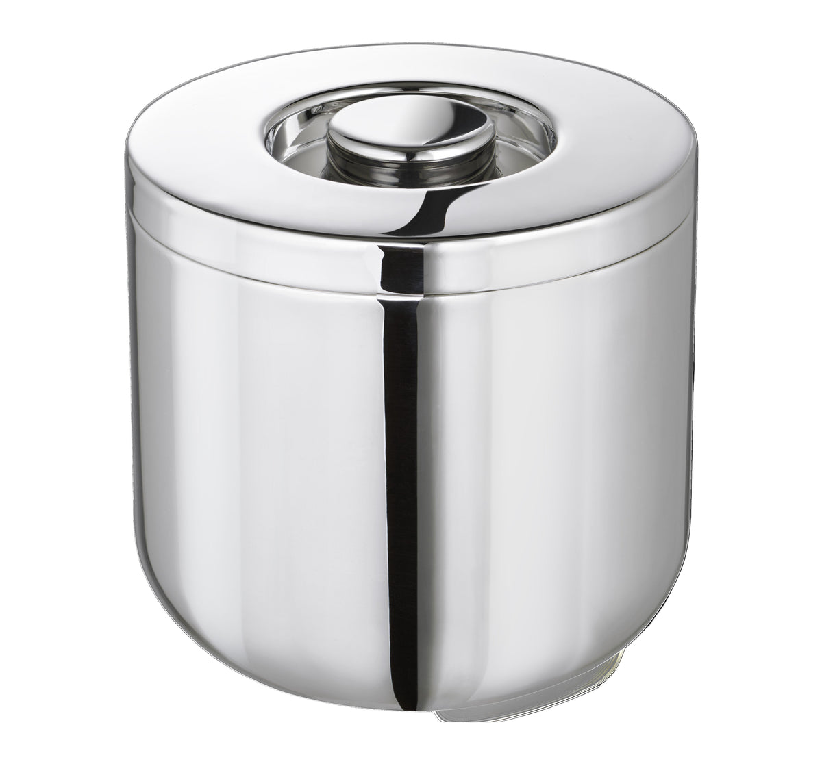 Front view of Oh de Christofle stainless steel insulated ice bucket showing polished double-wall body and sealed lid on white