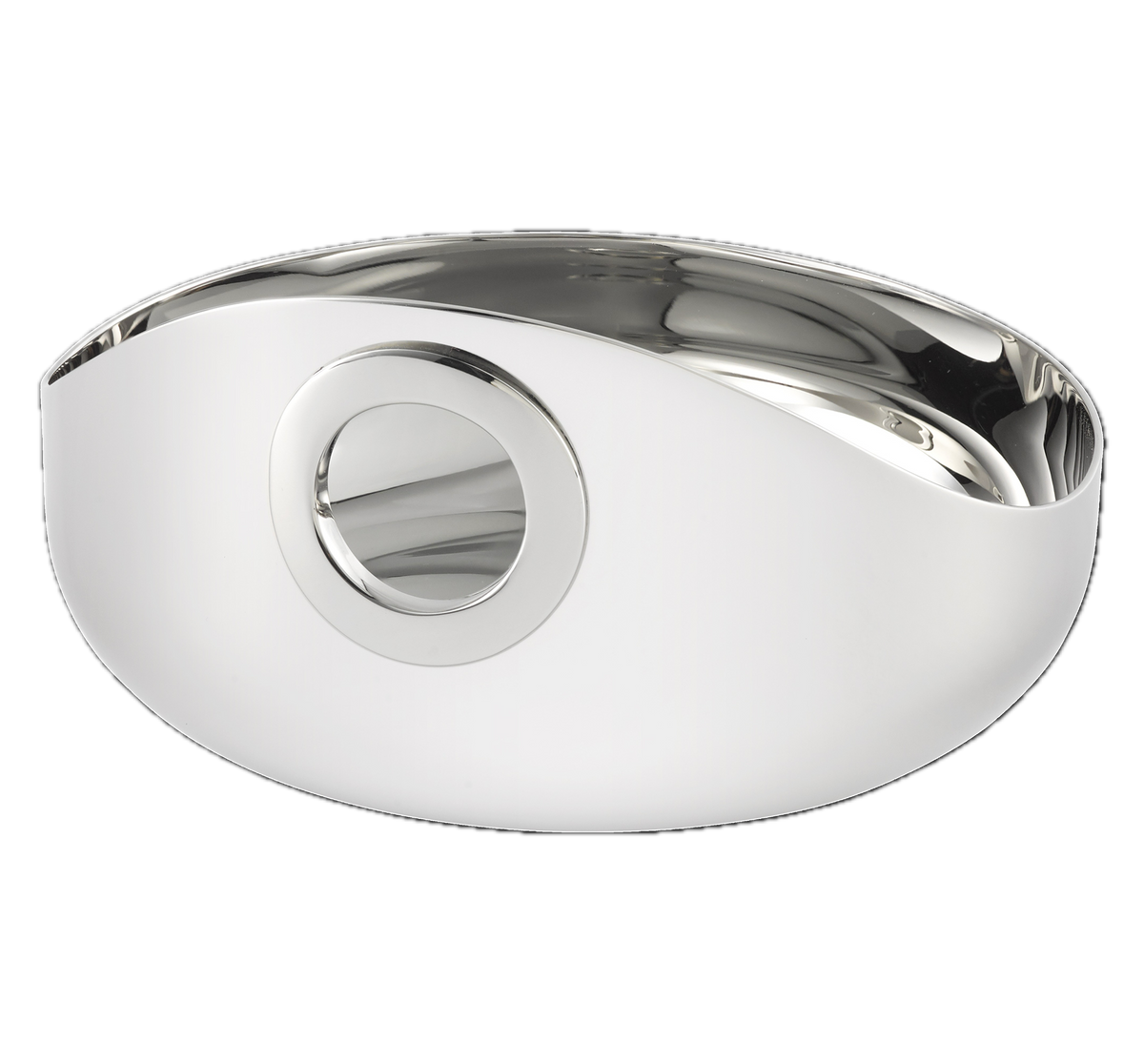 Angled front view of Oh de Christofle small stainless steel bowl showcasing circular eyelet grip and polished interior on black background