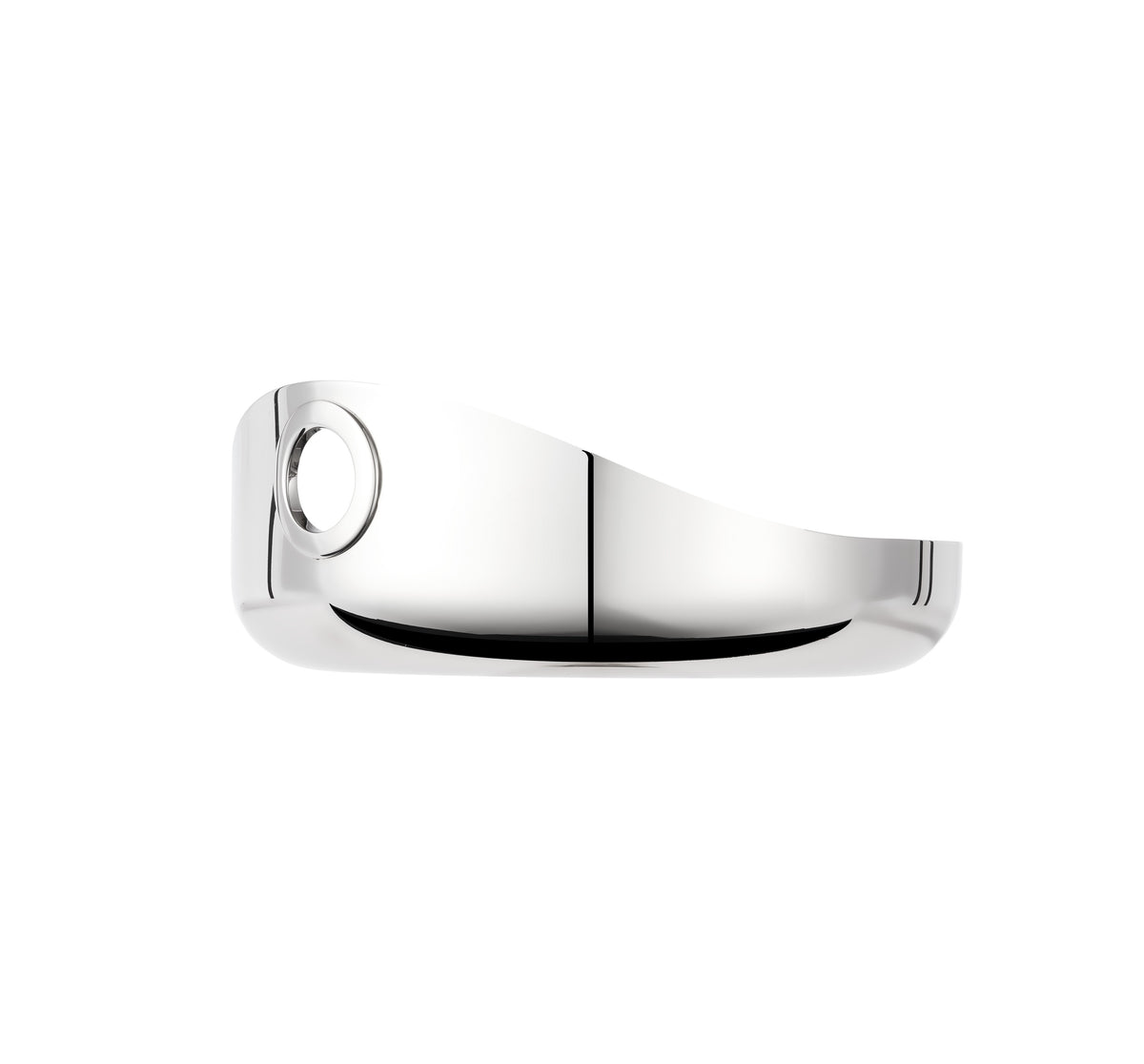 Angled view of Oh de Christofle Stainless Steel Bowl, Large showcasing integrated eyelet with white background