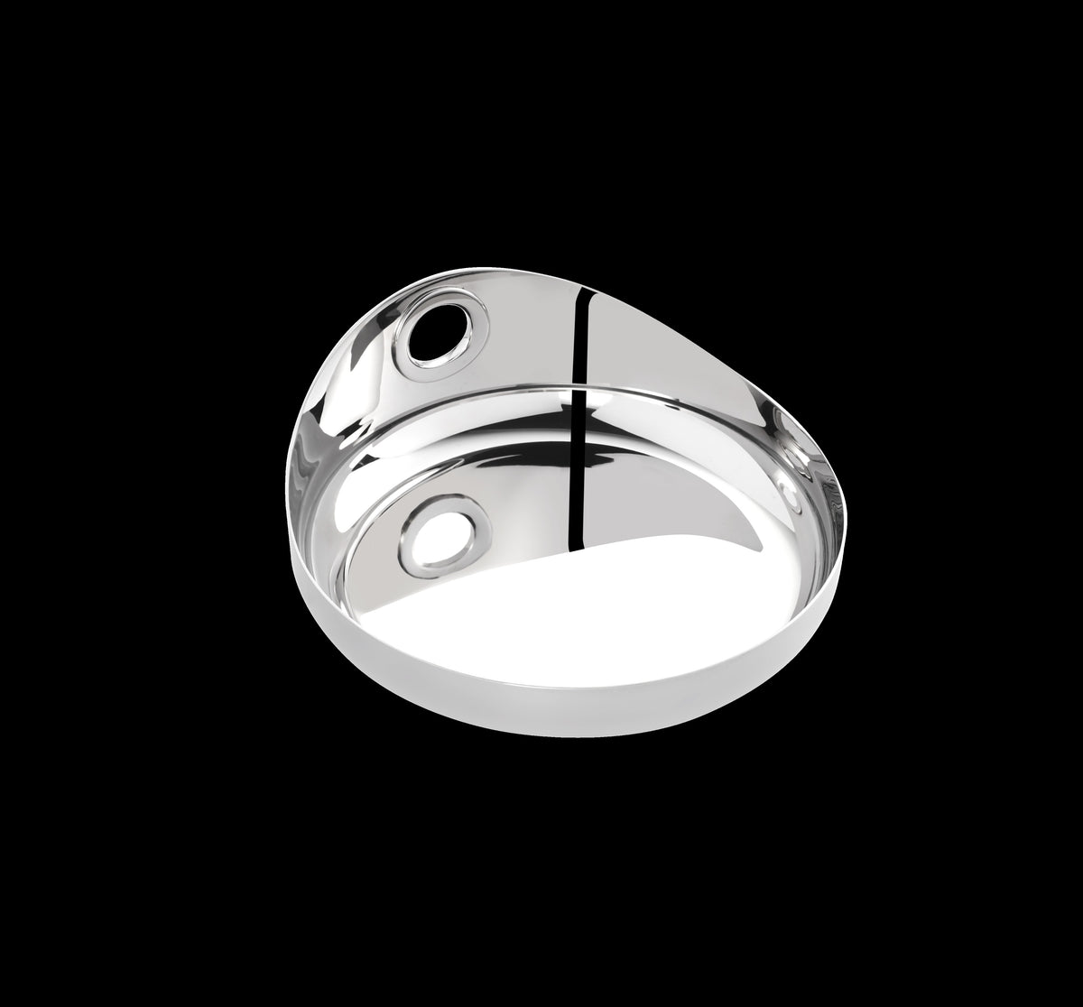 Front view of Oh de Christofle Stainless Steel Bowl, Large showcasing its integrated eyelet against a black background