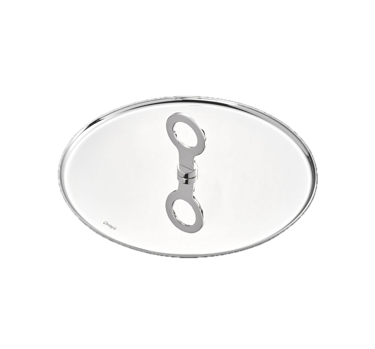 Top down view of Oh de Christofle stainless steel cocktail plate with central loop handle and mirror finish