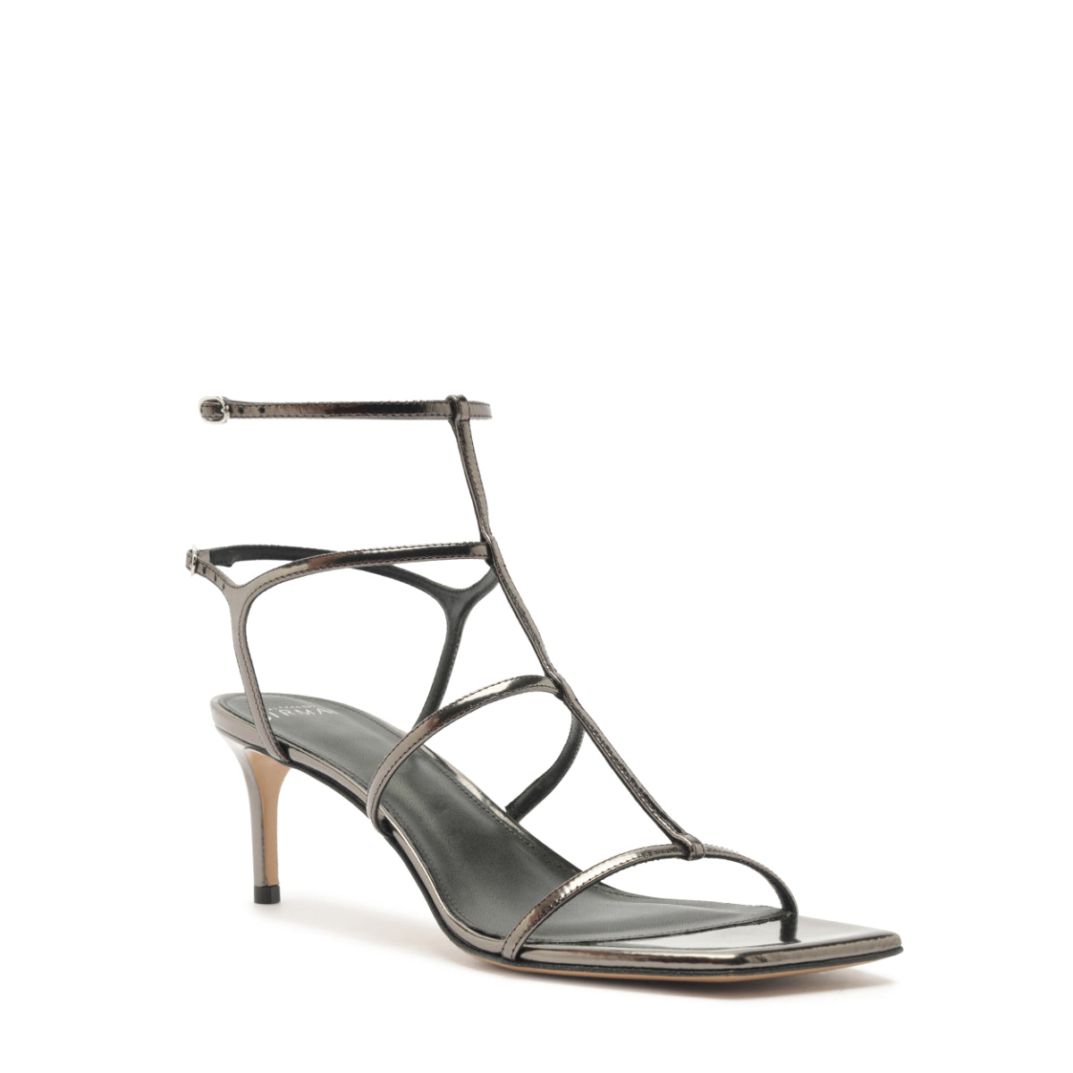 Angled view of Amanda 60 sandal in grafite showing slender T-strap, square toe, barely-there straps and low stiletto heel on white background