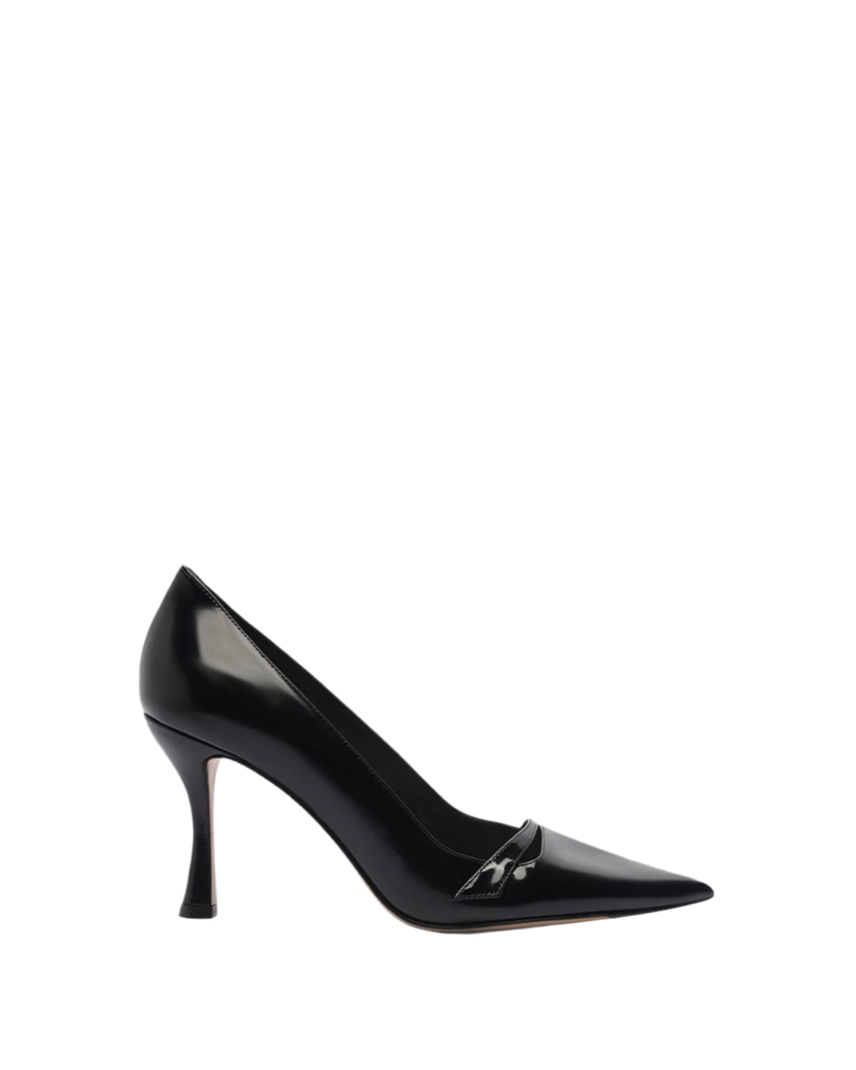 Side view of Tita 85 Pump in Black showcasing its pointed toe and slim heel against a white background