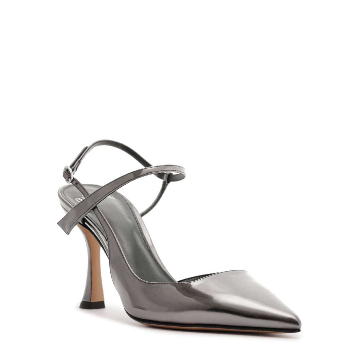 Three-quarter view of Tita Wrap 85 in Graphite with specchio leather, pointed toe, crisscross bow, and sculptural heel on white