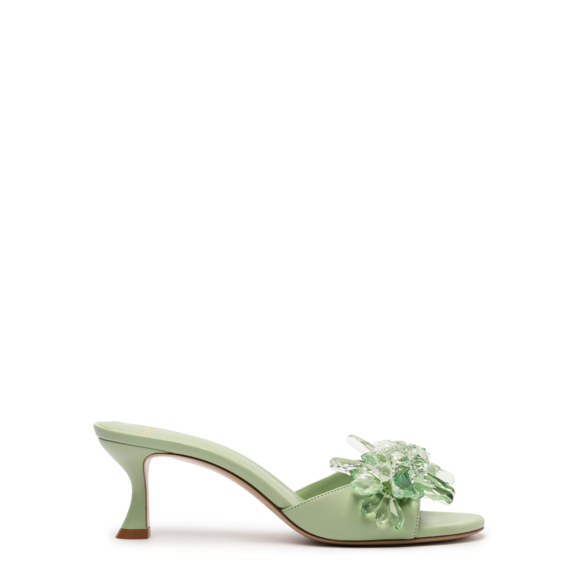 Side view of Sierra 60 in Retro Green mule showcasing crystal embellishment and sculptural 60 mm heel with white background