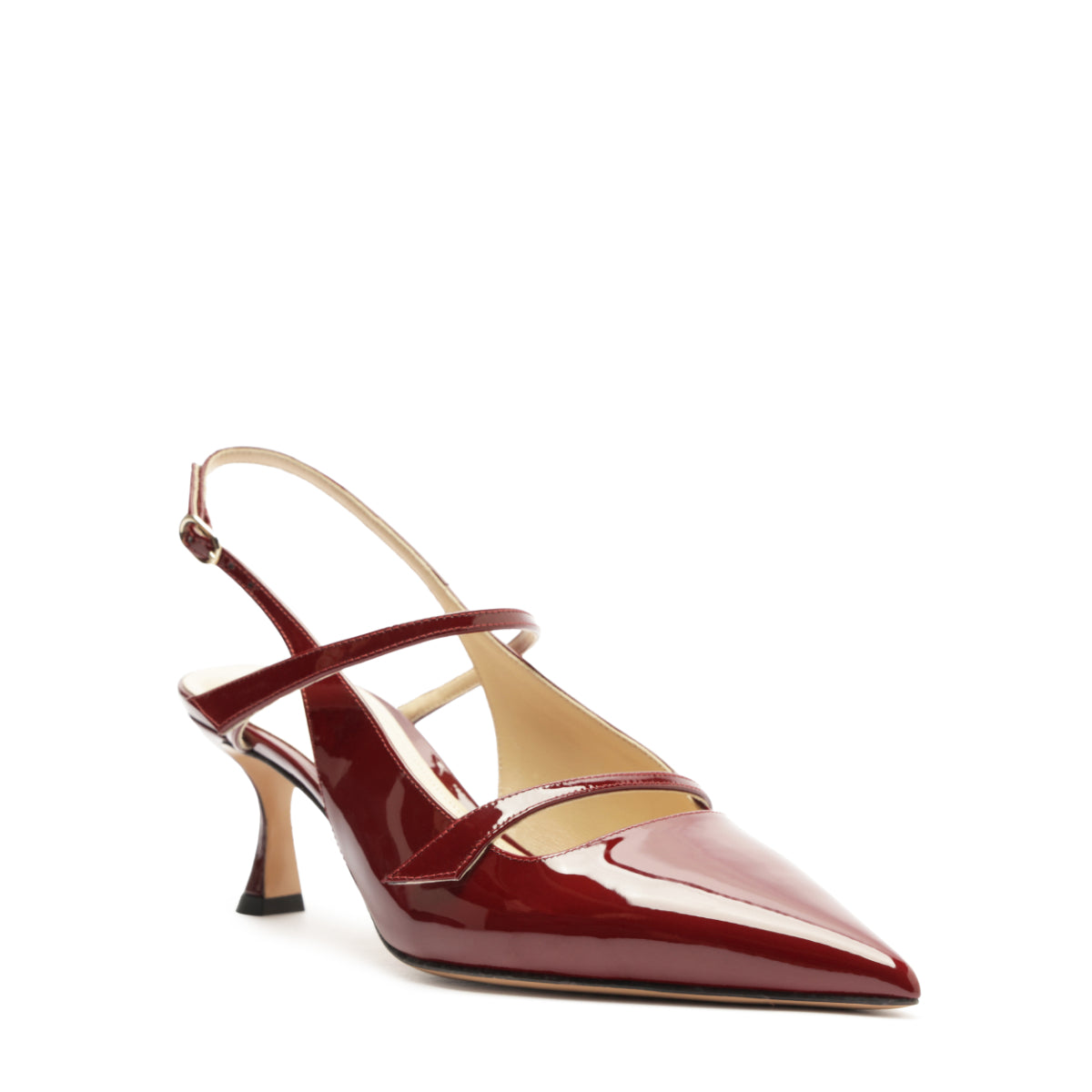 Three-quarter view of Tita 60 Slingback in Cherry Lacquer showcasing pointed toe, slingback strap, and two point four inch heel