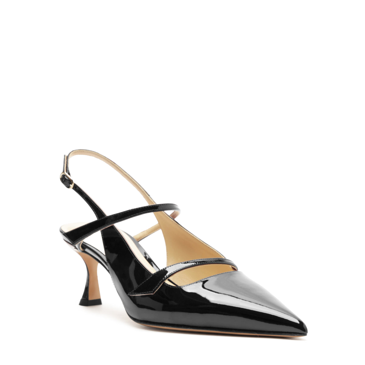 Three-quarter view of Tita 60 Slingback in Black showcasing vernice, pointed toe, slingback strap, and 2.4-inch heel