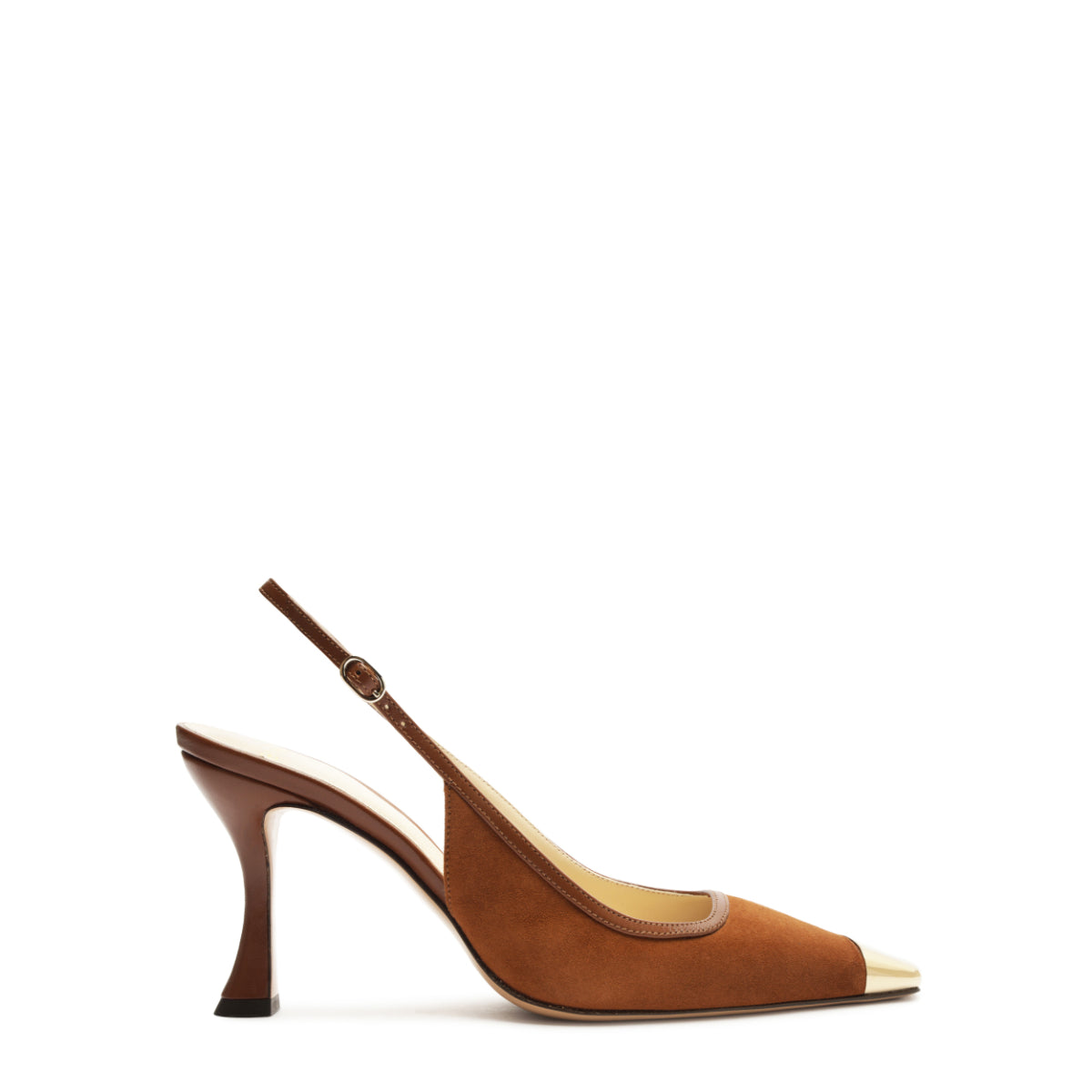 Side view of Olivia 85 Slingback in Espresso showcasing a soft gold metallic captoe and buckled strap on white background