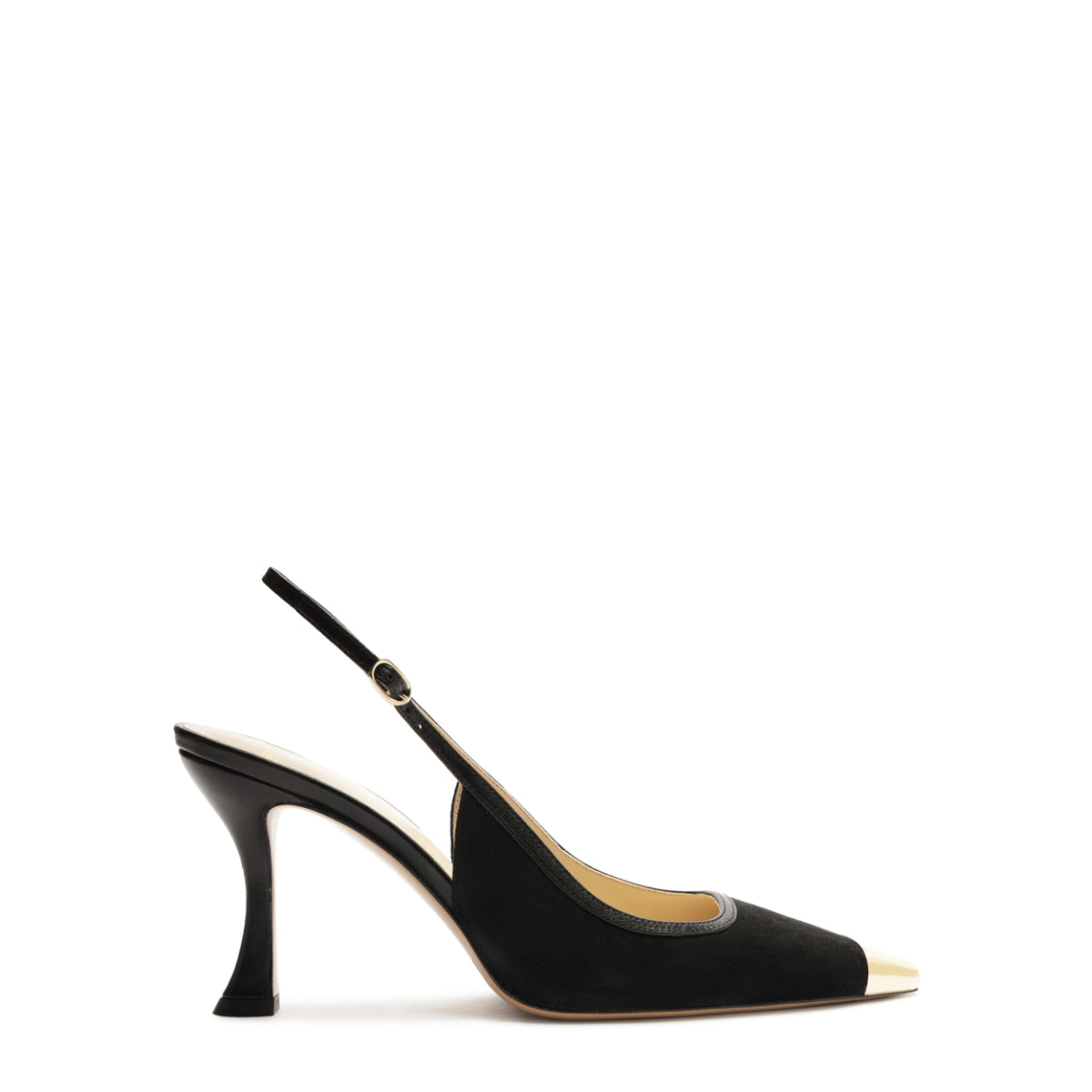 Side view of Olivia 85 Slingback in Black showcasing its soft gold metallic captoe and slender buckled strap on a white background