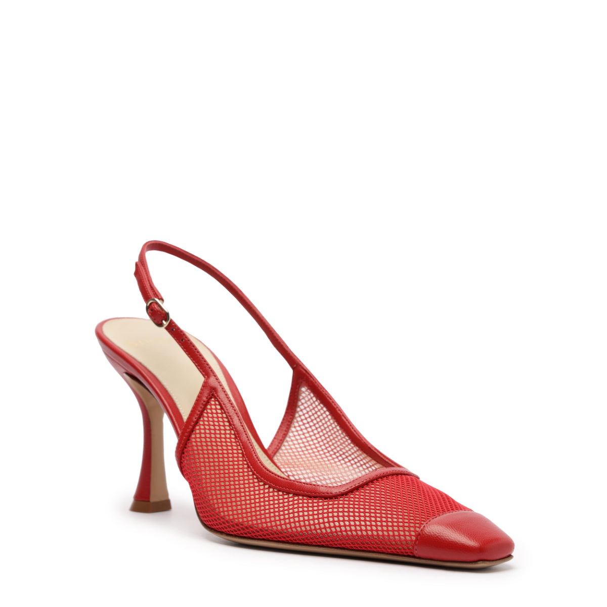 Three-quarter view of Olivia Mesh 85 slingback heel in Flame with red mesh overlay, square toe, sculptural heel on white