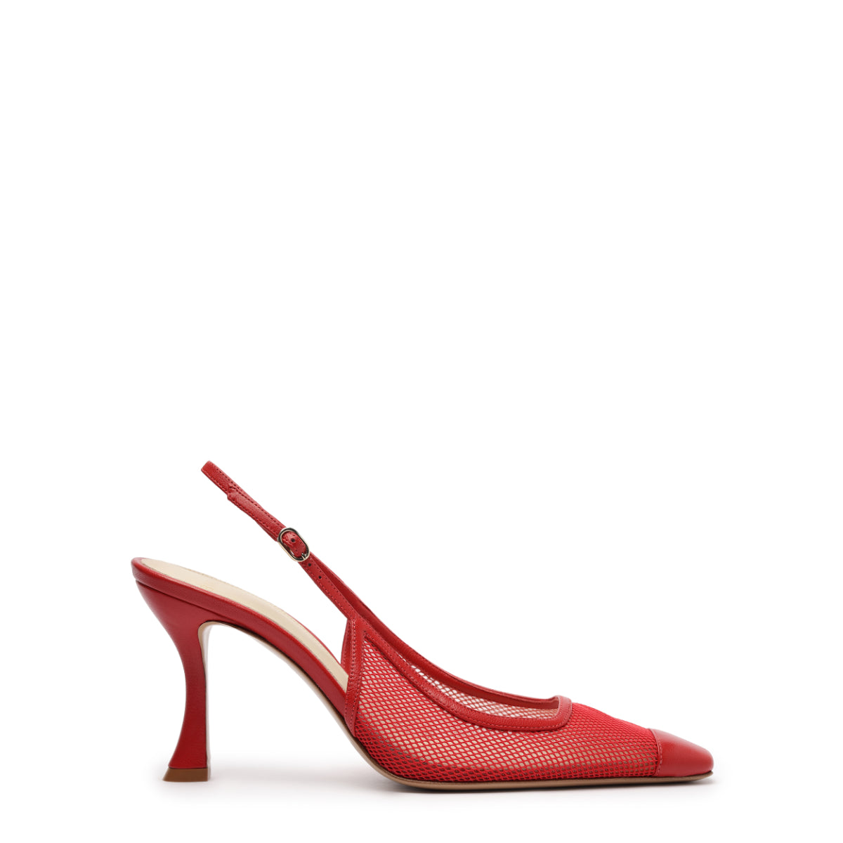 Side view of Olivia Mesh 85 Flame slingback heel showcasing red mesh overlay and sculptural heel with a white background