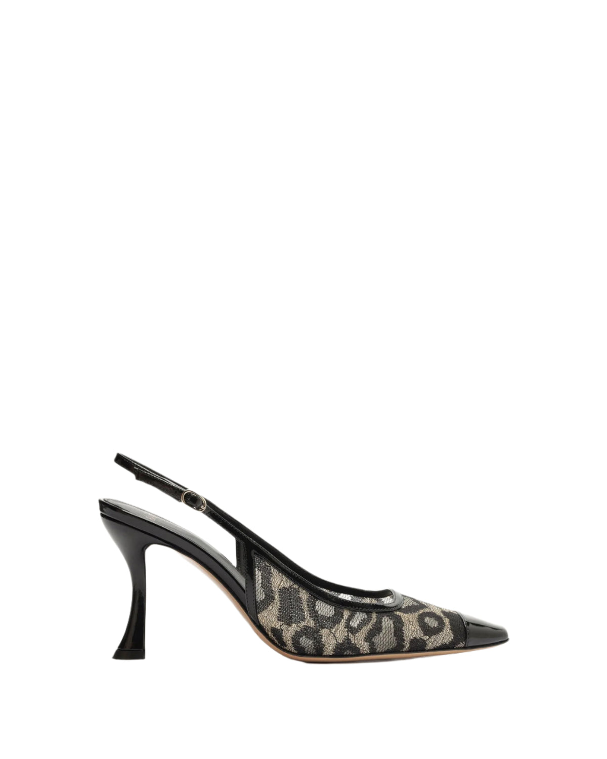 Side view of Olivia 85 slingback showing leopard jacquard, black patent trim, pointed square toe and flared heel