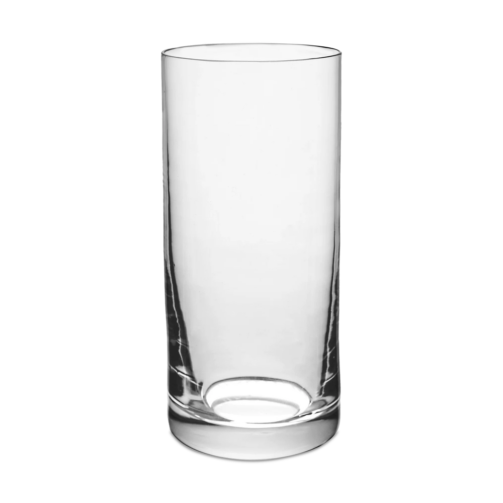 Front view of clear Bembo Highball Glass, Smooth showing cylindrical shape and substantial base on transparent background