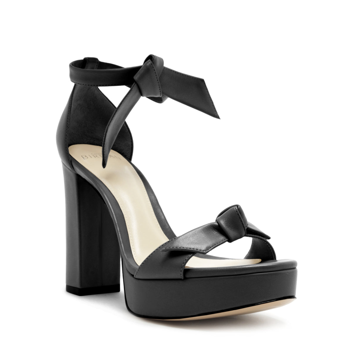 Front three-quarter view of Mabeleh Platform in Black showcasing Claritas bow upper and platform sole on white background