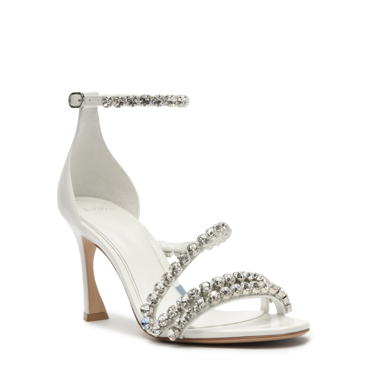 Three-quarter view of Something Blue Bridal 85 white sandal with crystal-embellished straps and 85 mm stiletto heel