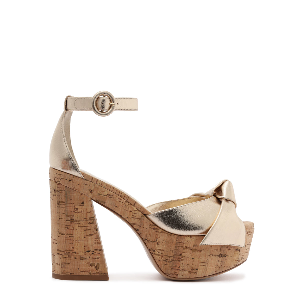 Side view of Maxi Clarita Flare 120 in Golden showcasing its cork flare block heel and ankle strap with a white background
